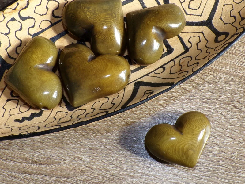 Tagua srdíčko (buclaté, olivové, skrz)